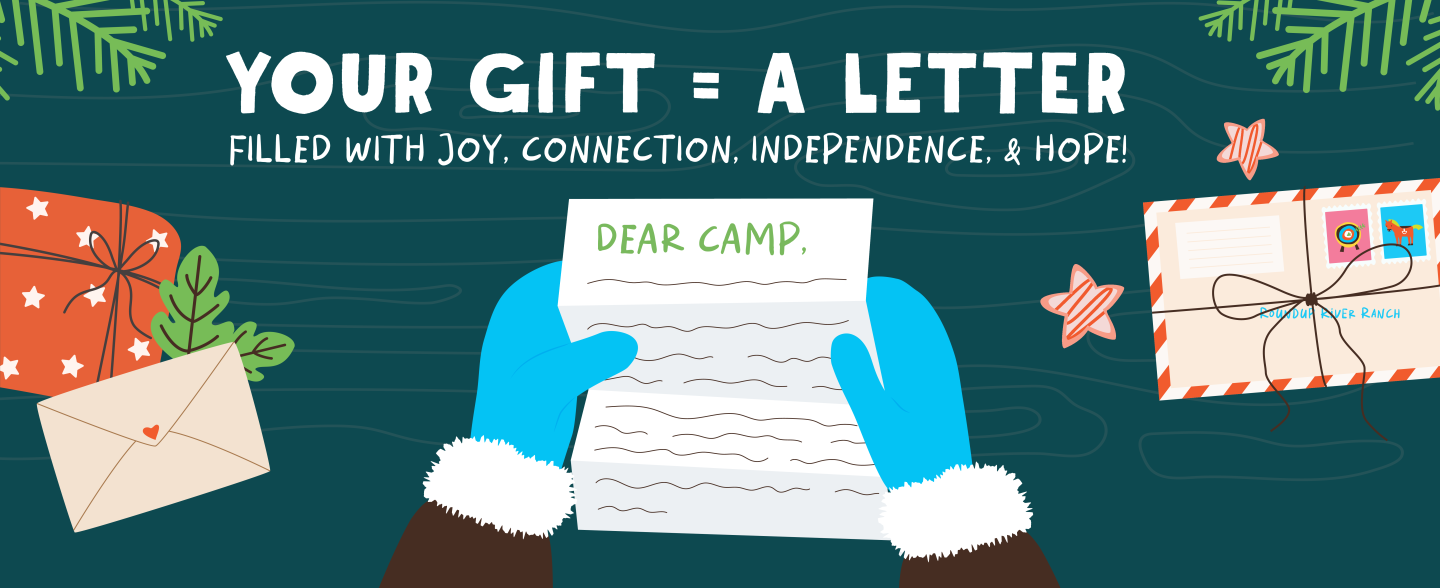 Image with text reading "Your gift = a letter filled with joy, connection, independence, and hope!"
